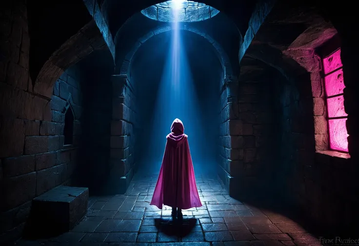 small cloaked girl explores dungeon, from behind, back shot, dark stone passage, fantasy dungeon, dim pink and blue lighting, white slime, mist, low contrast, dark, chains, stonework, enclosed passage, lurking creatures in the darkness, tense, erotic