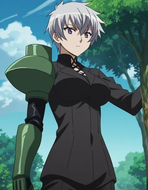 score_9, score_8_up, score_7_up, source_anime, anime screencap, 1girl, solo,
agknajenda,
najenda, short hair, purple eyes, grey hair, long braid, black unitard, black shorts, outdoors, blue sky, looking down, looking at viewer, large breasts,