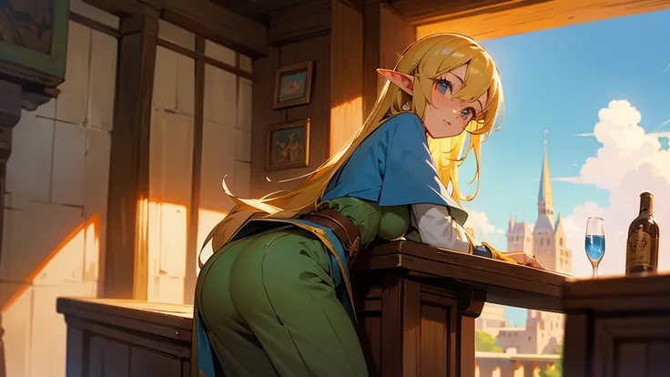 Anime Style,Nostalgic,Detailed background,The medieval world,A lively bar with lots of people,Beautiful sky,A beautiful bard elf girl looking back at me,Protruding buttocks