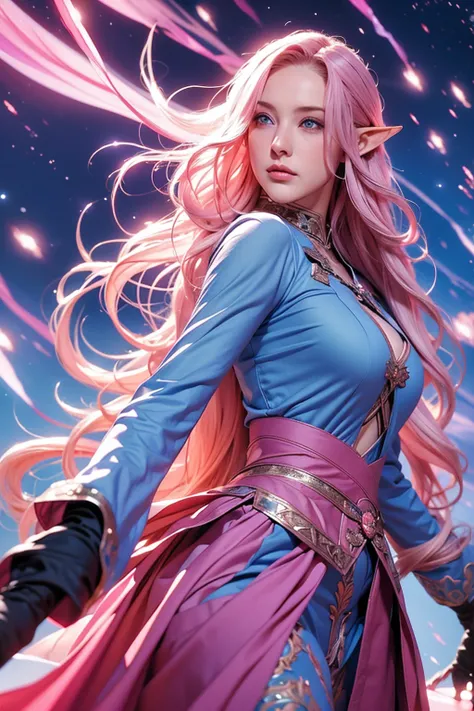 Woman, long wavy hair, pink hair, blue eyes, night, wind, stars, elf, powers, fighting stance ,Fight, fight outfit, sexy, fighting position, Night, fight 