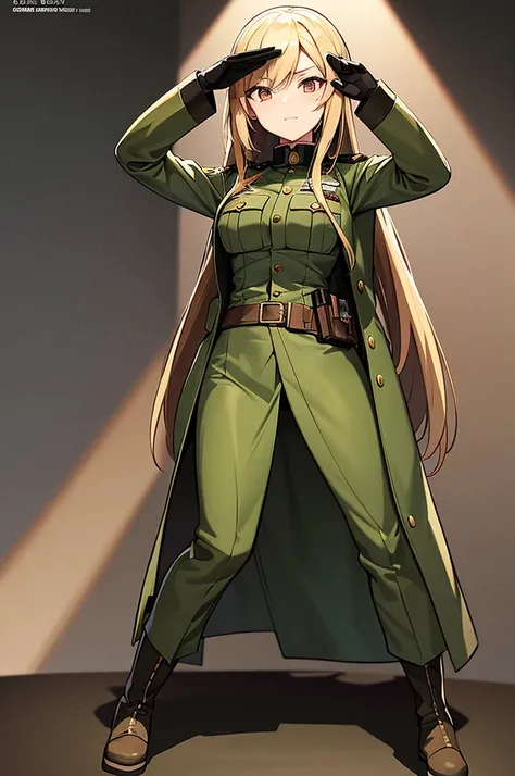 Content: An anime woman in a military uniform. She has dark brown eyes, tanned skin, blonde hair that ends halfway down her back, and military boots. Her military uniform has themes of brown to reflect the desert background, and she carries binoculars. Her...