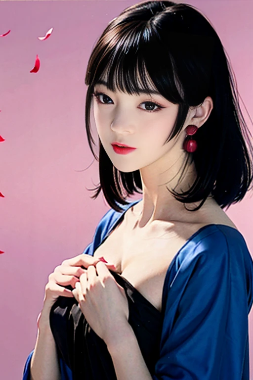 tsuruta ichiro, Narrow-eyed, 1girl in, Allback、deadpan、short-hair、shorth hair、brow、Reluctance、A dark-haired、Tucked Hair Solo, Cowgirl, Onepiece, ((mideum breasts)), Thin slit eyes、Black eyes, Light shines on the eyes、Black hair, gloves, Dress, Luxurious Je...