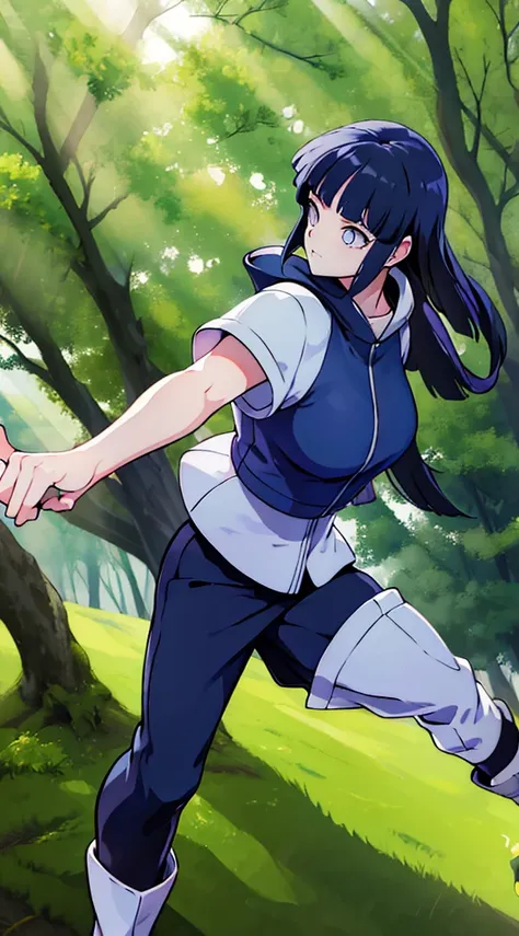 "generate a digital image that portrays hinata hyuga from the anime naruto in a moment of training in a clearing in a quiet fore...