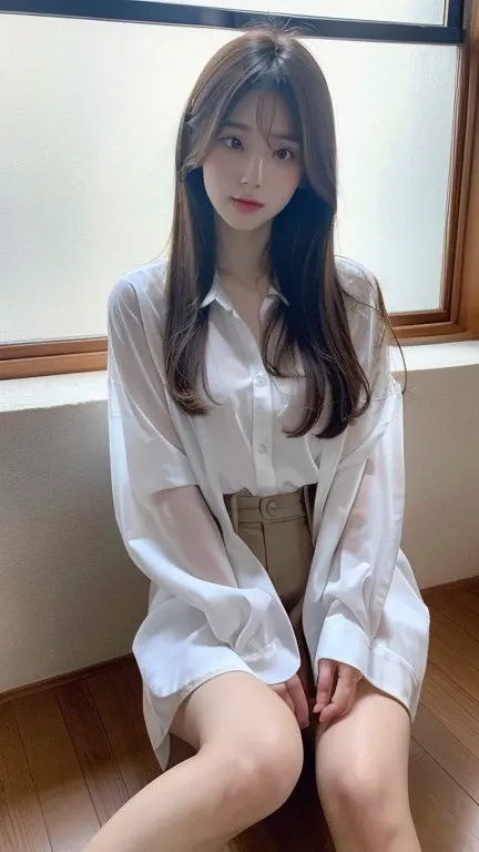 high resolution, Extremely detailed, Reality, Soft lighting, 1 beautiful Japanese girl, Very detailed beautiful face, Straight and medium-length hair, Transparent button down shirt, Beautiful legs