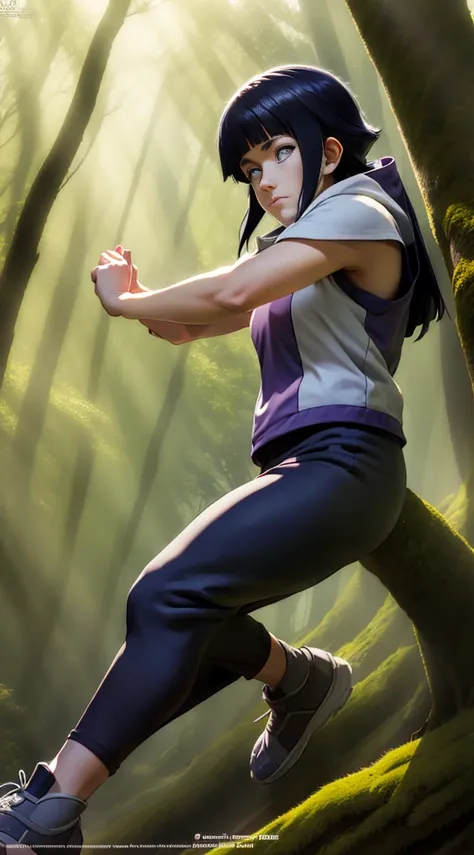 "generate a digital image that portrays hinata hyuga from the anime naruto in a moment of training in a clearing in a quiet fore...