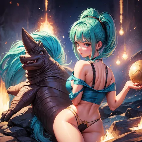 bulma from dragon ball, detailed and realistic, darkness background, with the 7-star Tragon Ball in hand. Sex.