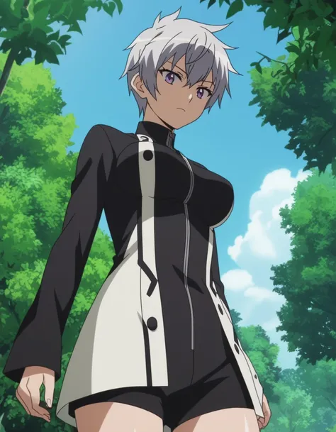 score_9, score_8_up, score_7_up, source_anime, anime screencap, 1girl, solo,
agknajenda,
najenda, short hair, purple eyes, grey hair, long braid, black unitard, black shorts, outdoors, blue sky, looking down, looking at viewer, large breasts,