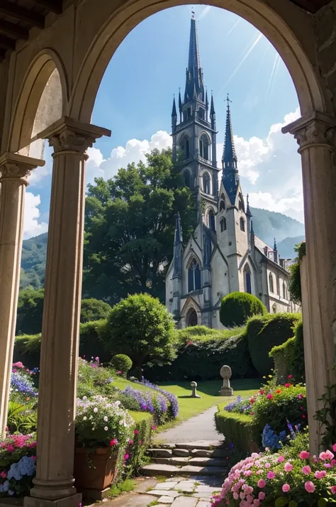 Medieval Catholic church on the mountain, View of the sea, surrounded by lush vegetation in a valley of flowers, rise sun, with rays of light, slightly misty day, Ultra -HD, 真实感, cinematic light, detailed back ground, swirly vibrant colors, conceptual artw...