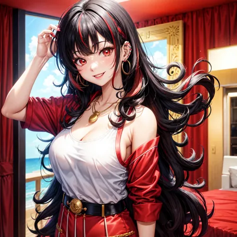 anime panel,upper body, 1girl solo,Korean, black hair,curly hair, with red highlights , red slanted eyes, casual clothes, necklace, ear piercings, room background , smile , looking at the viewer