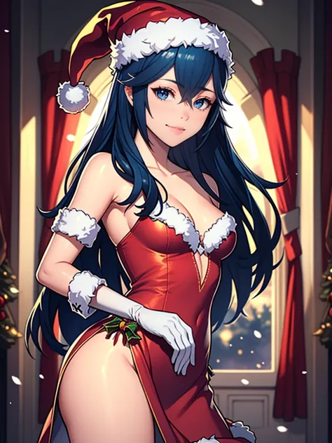 1 girl, One, masterpiece, Best quality, A high resolution, very detailed, (illustration), beautiful detailed eyes,Lucina Vera,glossy lips, draw up, smile, long white satin elbow-length gloves, cowboy shot, (Santa), red Santa dress, Santa hat, strapless dre...