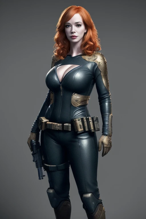 Christina Hendricks as an action hero, alluring 48 year old woman, High-quality facial research of Christina Hendricks, (Christinas sculpted cheekbones and slight wrinkles around the face), High-quality detailed research of Christina Hendricks voluptuous f...