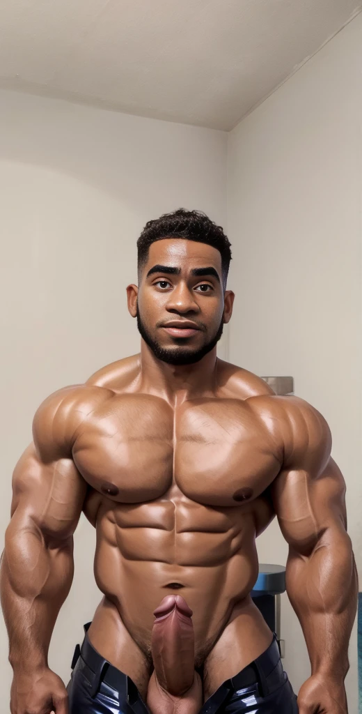 1boy, Miles Morales, solo, facial hair,34 yrs old, fitness trainer, male focus, flaccid penis, pectorals, bara, muscular, mature male, muscular male, abs, beard, ring nipples, , short hair, navel, stomach, rubber tight pants, large pectorals, thick eyebrow...