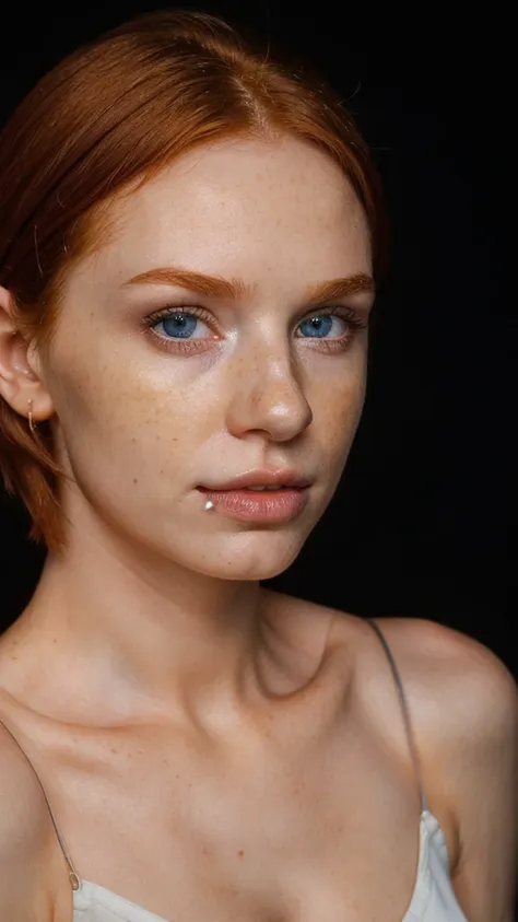 full body photograph of a super cute young irish redhead girl with dark theme (short hair), thin nose and thin neck, freckles. p...