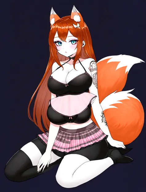 a redhead woman, very long hair falling to butt height. She is wearing a purple blouse that highlights her large breasts.. She has red fox ears, with the inside of the ears in light pink, and a red fox tail with a light pink tip. Only his left arm is compl...