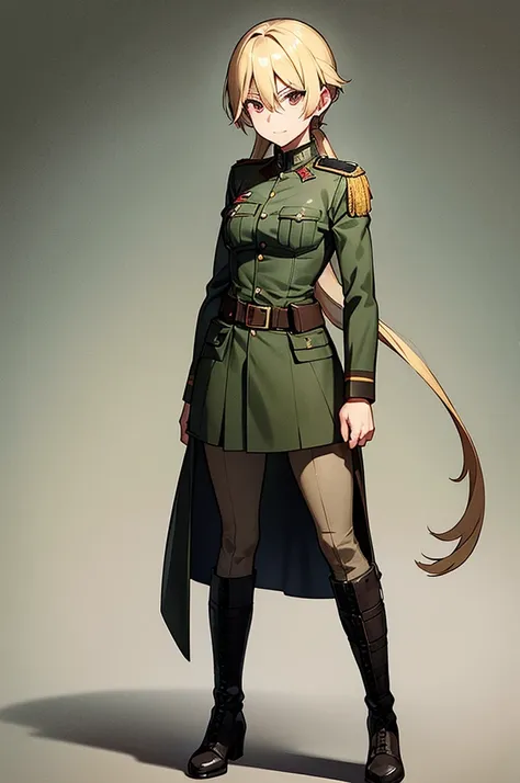 content: an anime woman in a military uniform. she has dark brown eyes, tanned skin, blonde hair that ends halfway down her back...