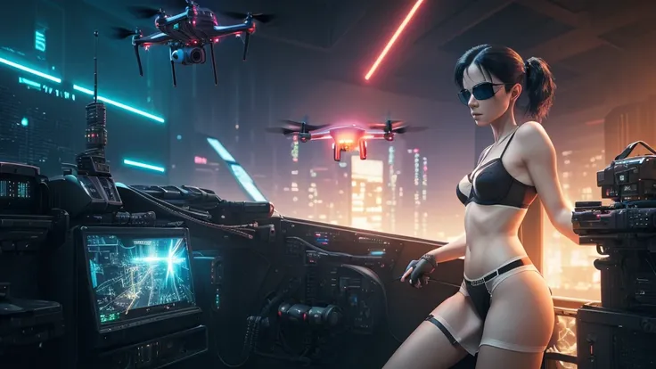 20-year old large-breast woman with cleavage:1.4, 1woman, solo, 3D neon art of a womans body, (with low angle view), (((((matrix style black micro sunglasses, black bra and very short black miniskirt, white G-string panty))))), (((aiming with a short gun))...