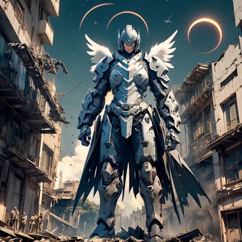 female mecha angel, in black armor, in a destroyed city with an eclipse in the background