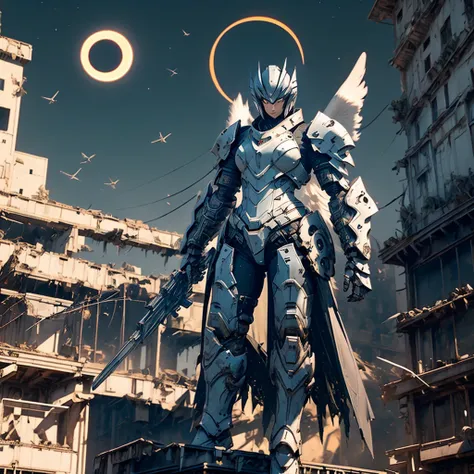 female mecha angel, in black armor, in a destroyed city with an eclipse in the background