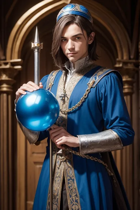 medieval magician , holding staff with shiny blue spherical tip