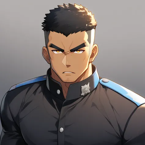 anime characters：Gyee, Muscular male police officer, negro black skin, Dark-skinned male police officer, Manliness, male focus, Tight-fitting police uniform, Black tight T-shirt with a high collar, Very tight, Round, full and perky chest muscles, Slightly ...