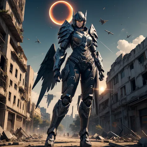 female mecha angel, in black armor, in a destroyed city with an eclipse in the background