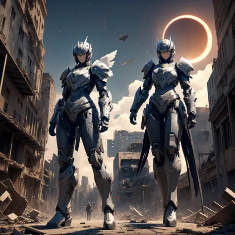 female mecha angel, in black armor, in a destroyed city with an eclipse in the background