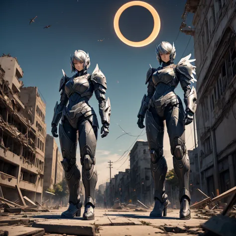 female mecha angel, in black armor, in a destroyed city with an eclipse in the background