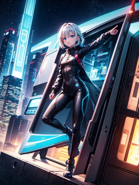 Highest quality,Highest Resolution,Girl from the future,Android,Travel at high speed in a machine through the night city,