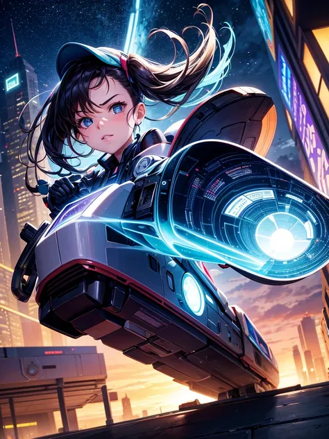 Highest quality,Highest Resolution,Girl from the future,Android,Travel at high speed in a machine through the night city,