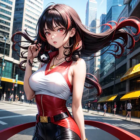 anime panel,upper body, 1girl solo, adult, Korean, black hair,curly hair, with red highlights , red slanted eyes, spy clothes, necklace, city background , serious , looking at the viewer