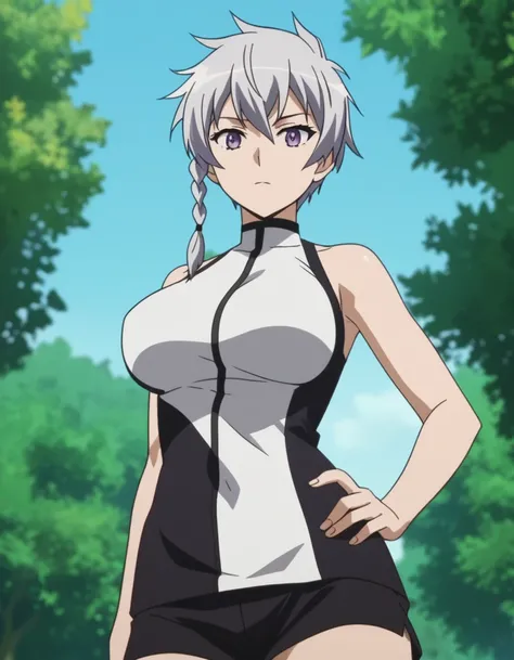 score_9, score_8_up, score_7_up, source_anime, anime screencap, 1girl, solo,
agknajenda,
najenda, short hair, purple eyes, grey hair, long braid, black unitard, black shorts, outdoors, blue sky, looking down, looking at viewer, large breasts, ponytail, 