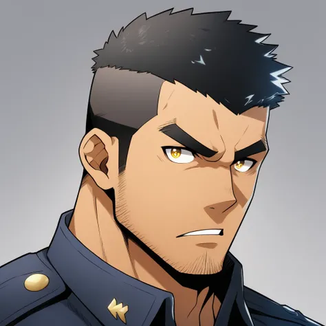 anime characters：Gyee, Muscular male police officer, negro black skin, Dark-skinned male police officer, Manliness, male focus, Tight-fitting police uniform, Black tight T-shirt with a high collar, Very tight, Round, full and perky chest muscles, Slightly ...