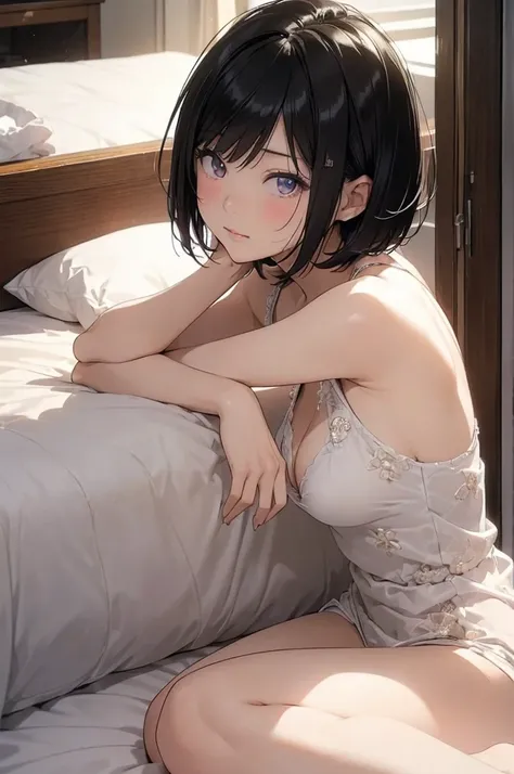 (masterpiece、Side light、Beautiful, detailed eyes: 1.2)、Spread_Pussy、独奏、Female college student、(Black Hair、Very Short Hair、Boyish cut)、20 year old gravure model、Perfect body、NSFW、Sit on the bed、Spread your legs