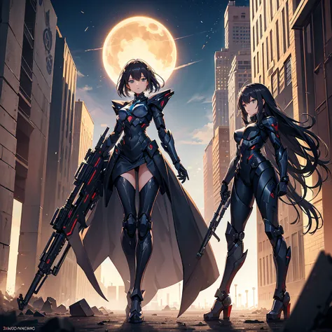 female mecha angel, in black armor, in a destroyed city with an eclipse in the background