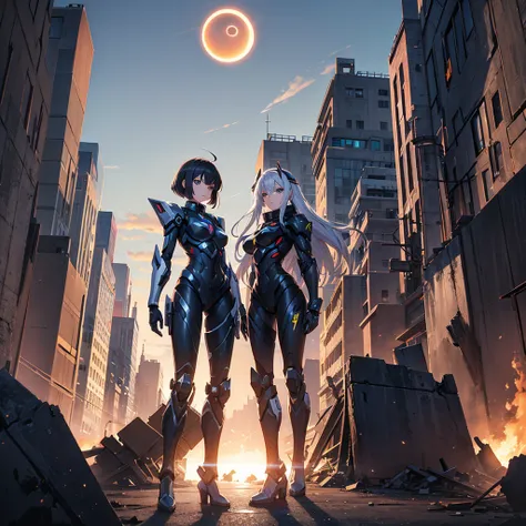 female mecha angel, in black armor, in a destroyed city with an eclipse in the background