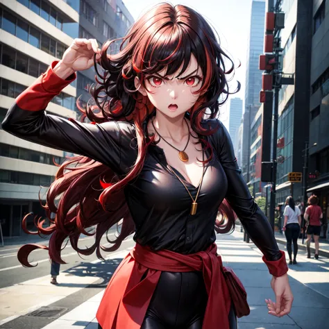 anime panel,upper body, 1girl solo, adult, Korean, black hair,curly hair, with red highlights , red slanted eyes, spy clothes, necklace, city background , angry, fighting pose , looking at the viewer