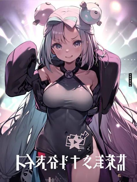 One Girl、Nanjamo、 long hair, hair ornament、Smiling、Embarrassed、Silver one-piece swimsuit、High leg、Big Breasts、upright、Upper Body、Staring at the audience、Focus on the face、Hands behind the back、Leaning body、