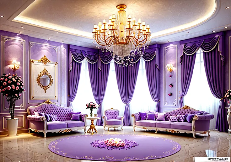 Create a stylish and gorgeous European palace room. The room should include a large table for decorations and a wall，Roses on the wall，Lavender，Gypsophila decoration. There is a literary style floor lamp on the ground.Bright lights in the room，Soft light, ...