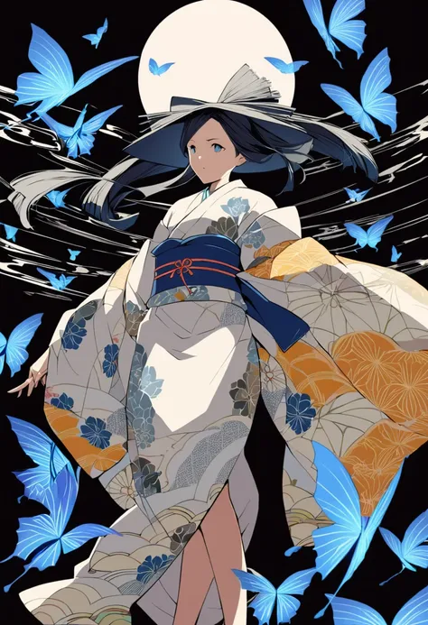 Black background. Distant view. A woman in a Meiji-era kimono stands staring in front of her with a gun at the ready. Around her, a flock of blue butterflies flit about like a storm. In the style and pose of the Japanese ukiyoe "Mukorogi Bijin".