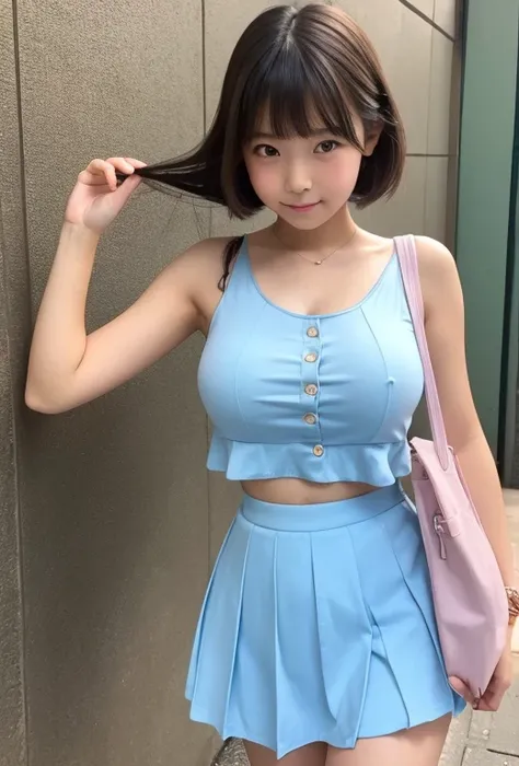 Two 10-year-old, Japanese elementary school girls, 110 cm tall and super enormous-breasted, (super enormous breasts), are walking to school wearing Baby blue micro mini high cut skirt, Baby blue micro mini high cut tank tops, (navel-baring), and carrying r...