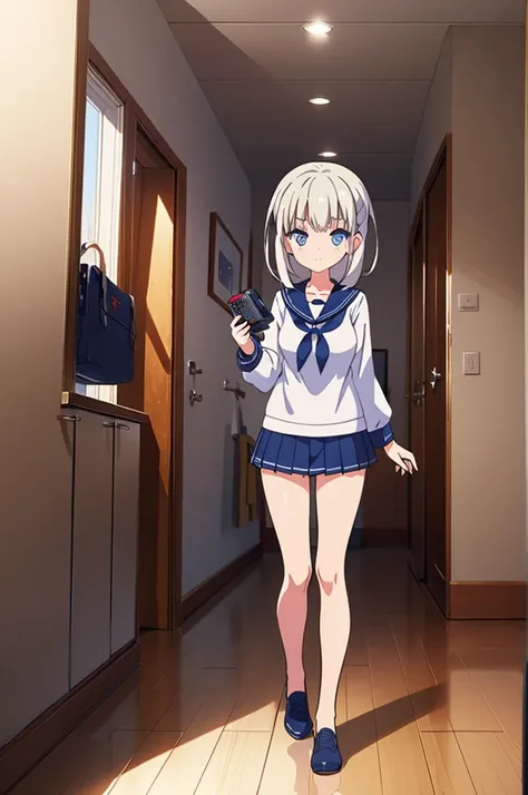 1 beautiful girl, great image quality with lots of detail, ray tracing, in a navy sailor , long stockings, blue eyes, white hair, , in a neon room, PC gaming, perfect anatomy, full body.