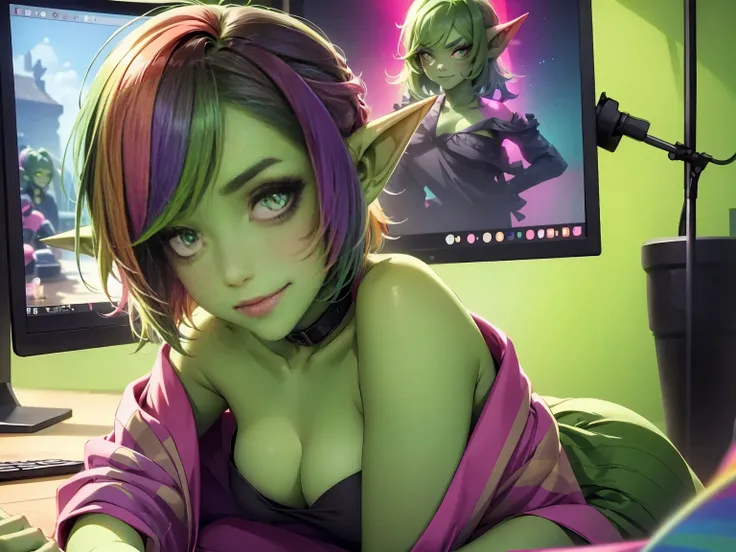 1 girl, short hair, green goblin girl, green skin, small pointy ears, (rainbow hair), wearing awesome clothes, smiling, makeup streamer, livestreaming, makeup tutorial, ring light, at her computer, doing her makeup, wearing makeup, webcam, streaming on twi...