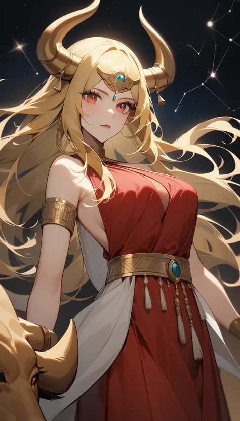 （Huang Li、high quality、Extremely detailed），Constellation - Taurus goddess，Giant golden bull，Woman stroking Taurus，Similar to Latin goodness，brave，capricious，Productivity，The face of enterprising and humanitarianism，Blonde hair，Ancient Greek costumes、Wrap D...