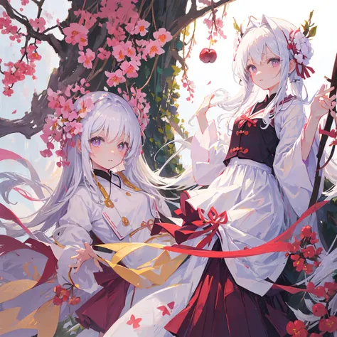 A loli，Plum blossoms in hand，White tint，((Pure white background))