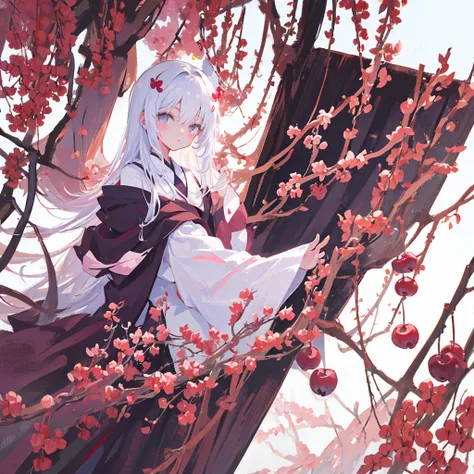 A loli，Plum blossoms in hand，White tint，((Pure white background))