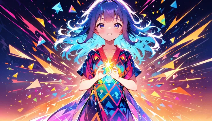 Seamless geometry，blank background，Geometric puzzle style，cute girl, shining eyes, 16 years old,  hapiness，cute smile，flowing hair，Light blue geometric pattern yukata，Colorful geometric shapes around，Vibrant colors，Sparkling fireworks in the background，Col...