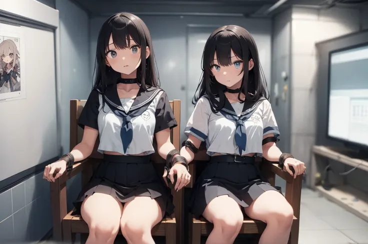 3 girls, ((squeezed together, inside tiny cube, strapped to chairs)), (sitting:1.5), (bondage chair:1.5), (inside torture room:1...