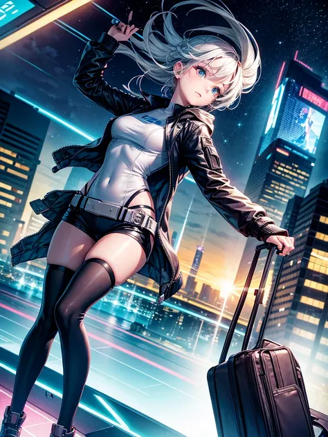 Highest quality,Highest Resolution,Girl from the future,Android,Travel at high speed in a machine through the night city,