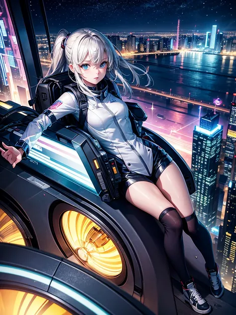 Highest quality,Highest Resolution,Girl from the future,Android,Travel at high speed in a machine through the night city,