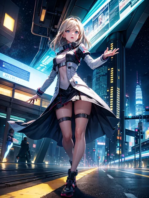 Highest quality,Highest Resolution,Girl from the future,Android,Travel at high speed in a machine through the night city,